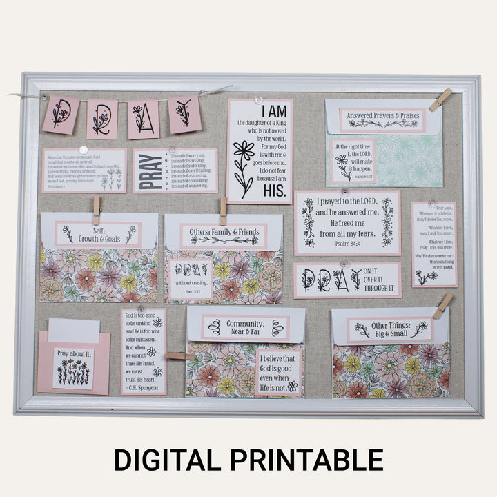 Finished pink Daisy prayer board made with the digital printable, Bible verses, prayer categories, envelopes and PRAY banner.