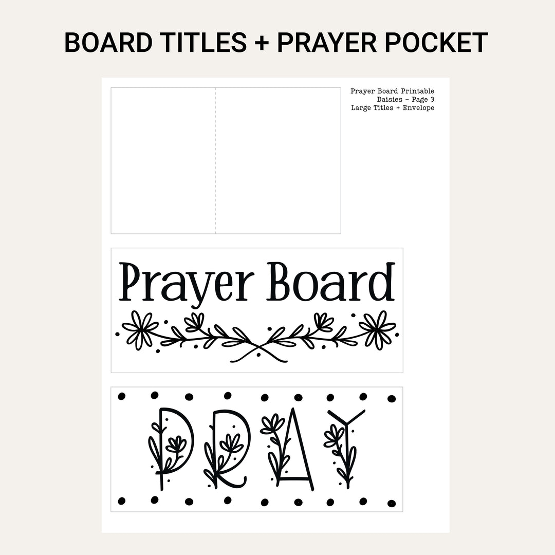 Printable Prayer Board title, PRAY title and foldable prayer request pocket included with the Daisy digital download.