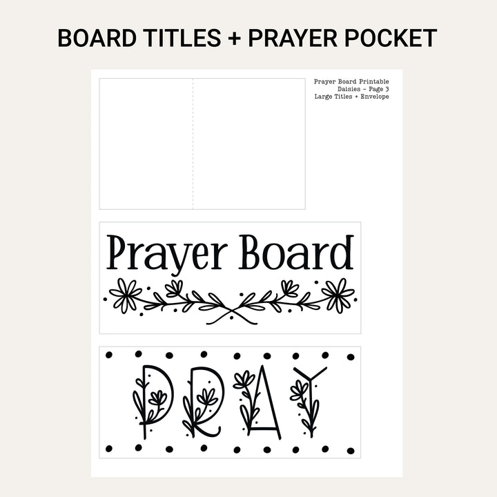 Printable Prayer Board title, PRAY title and foldable prayer request pocket included with the Daisy digital download.