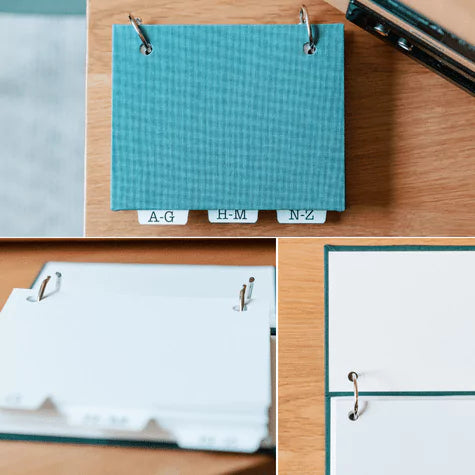 password book features hardcover, ring binder design and traditional bookmaking quality craftsmanship.
