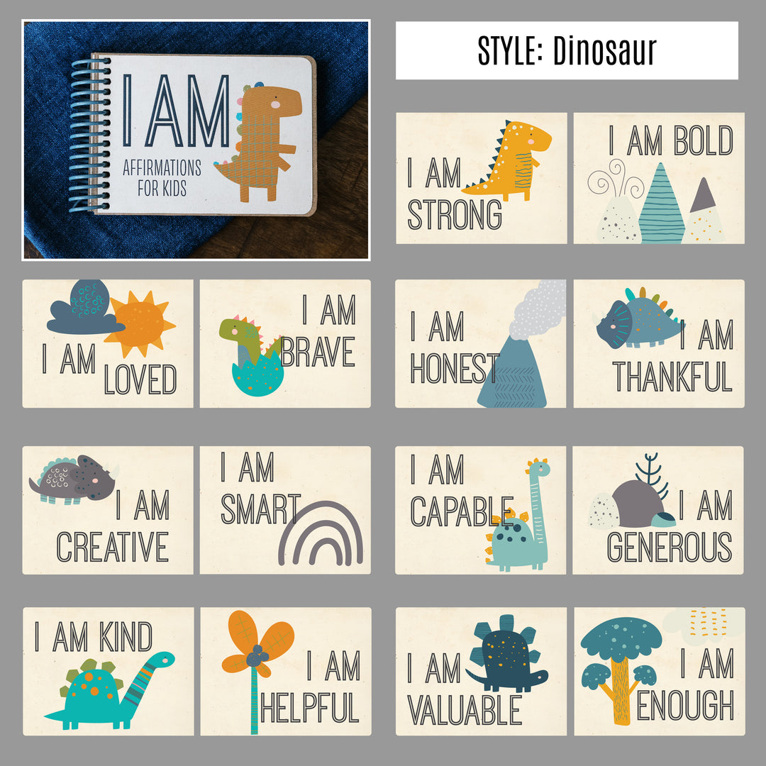 Dinosaur I AM affirmation book showing 14 positive affirmations for kids with matching dinosaur illustrations.