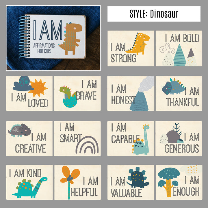 Dinosaur I AM affirmation book showing 14 positive affirmations for kids with matching dinosaur illustrations.