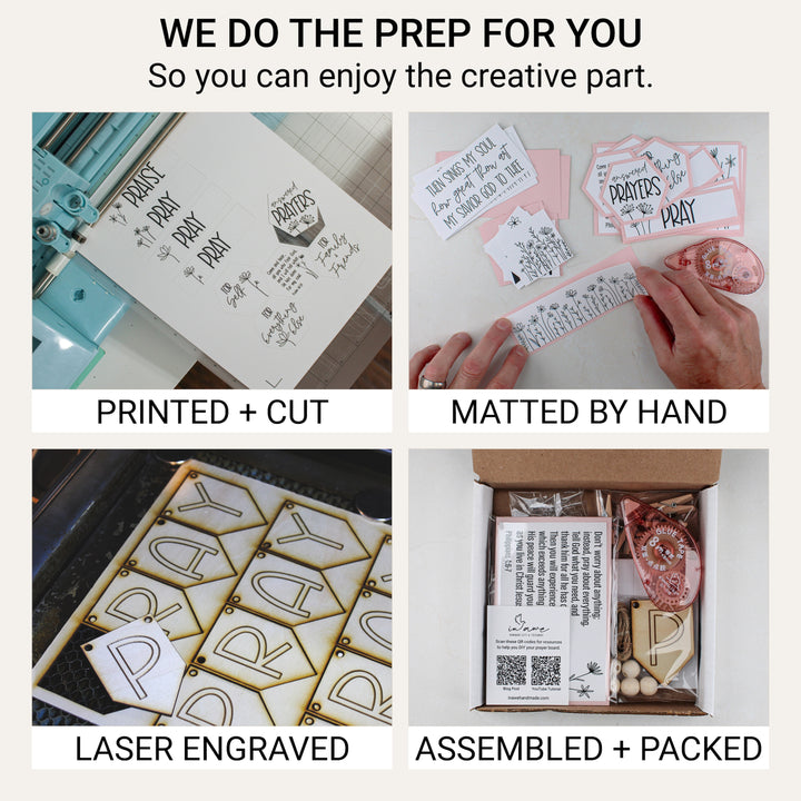Handmade DIY prayer board kit being printed, cut, matted, laser engraved and prepared for shipping