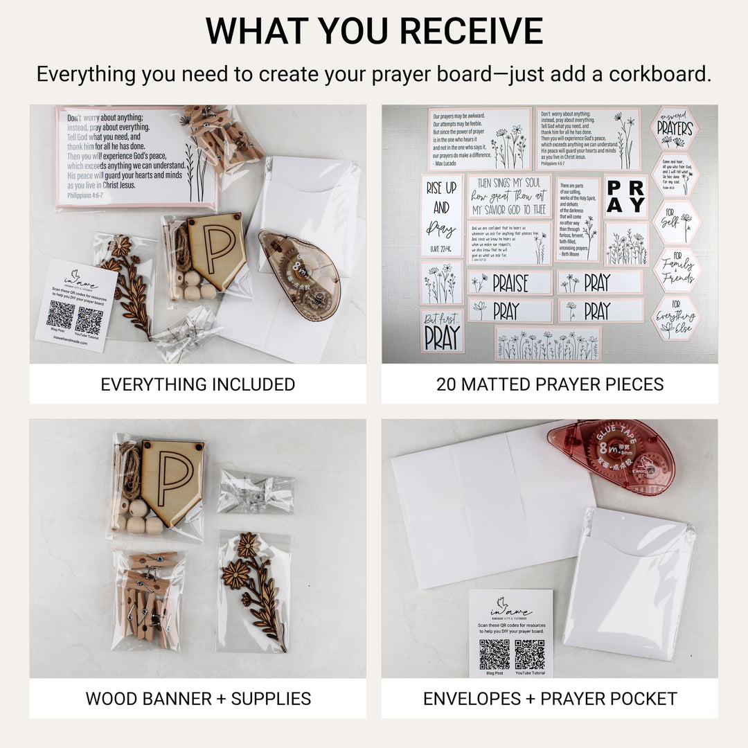 What you receive with the DIY prayer board kit including 20 matted prayer pieces, A1 envelopes, wood banner and supplies