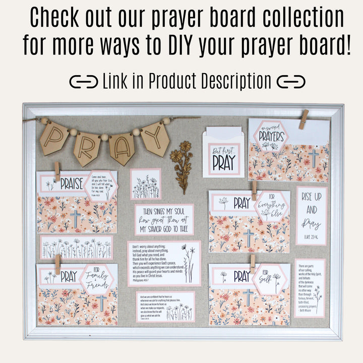 DIY prayer board decorated with a wooden PRAY banner, prayer envelopes, Bible verses and floral cards.