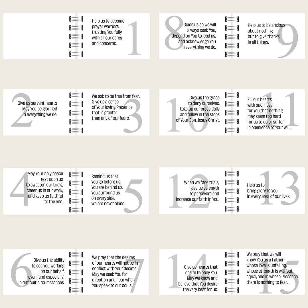 Family prayers 1–15, using we, us and our, covering trust, serving God, peace, guidance, perseverance and God’s love.
