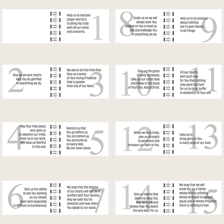 Family prayers 1–15, using we, us and our, covering trust, serving God, peace, guidance, perseverance and God’s love.