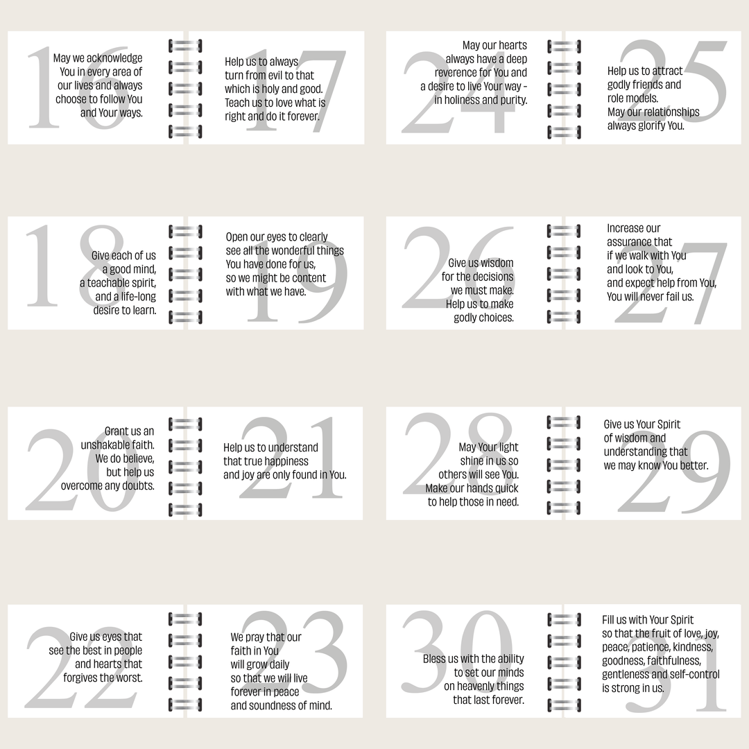 Family prayers 16–31, using we, us and our, covering faith, forgiveness, gratitude, wisdom, serving others and the fruit of the Spirit.