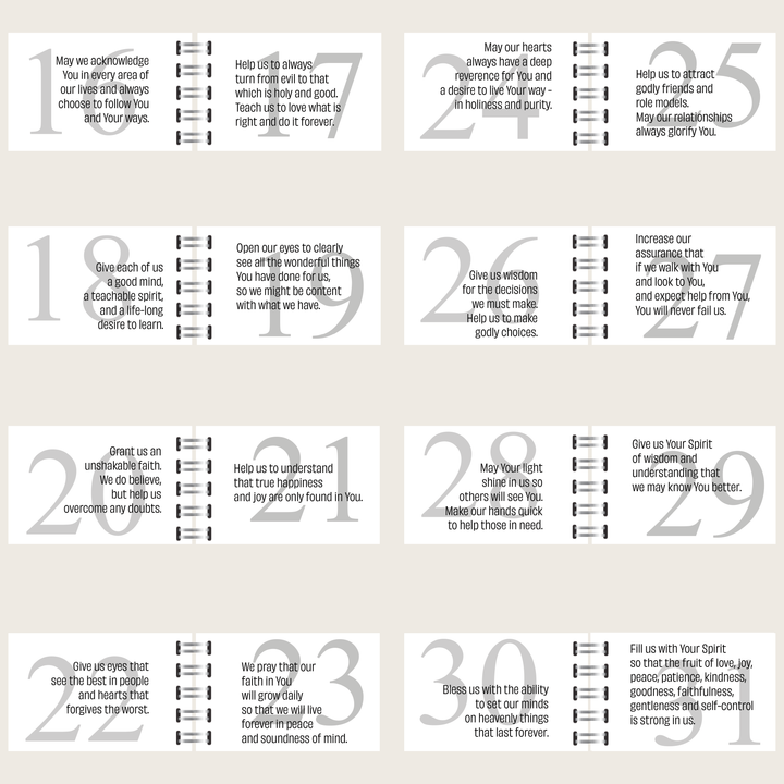 Family prayers 16–31, using we, us and our, covering faith, forgiveness, gratitude, wisdom, serving others and the fruit of the Spirit.