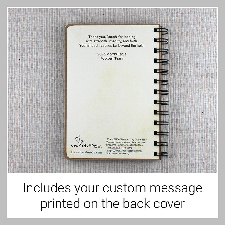 spiral bible verse book back cover displaying custom message for football coach gifts