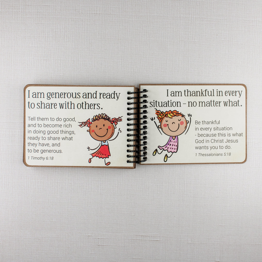 Bible affirmations for children teaching generosity, gratitude, and sharing God's blessings with others.