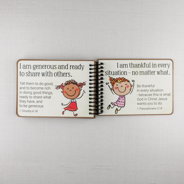 Bible affirmations for children teaching generosity, gratitude, and sharing God's blessings with others.