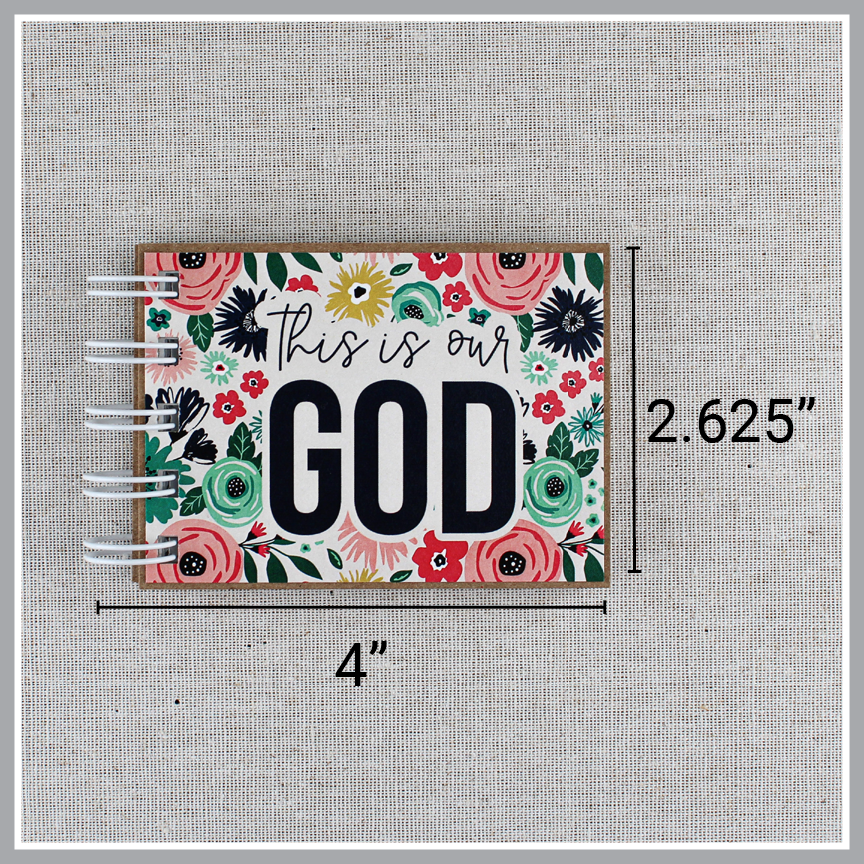Gods attributes book in bright floral design with 'This is our GOD' text and text overlay showing the dimensions - 4" wide including wire binding and 2.625" tall.