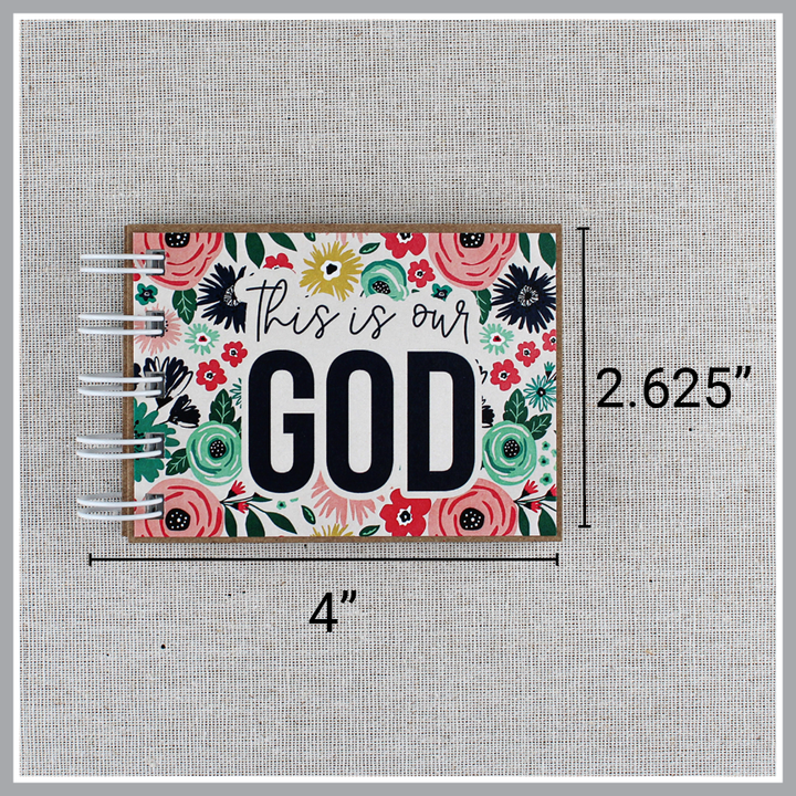 Gods attributes book in bright floral design with 'This is our GOD' text and text overlay showing the dimensions - 4" wide including wire binding and 2.625" tall.