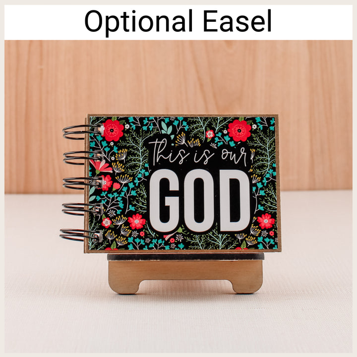 God’s Attributes small spiral book displayed on an optional wood easel.
