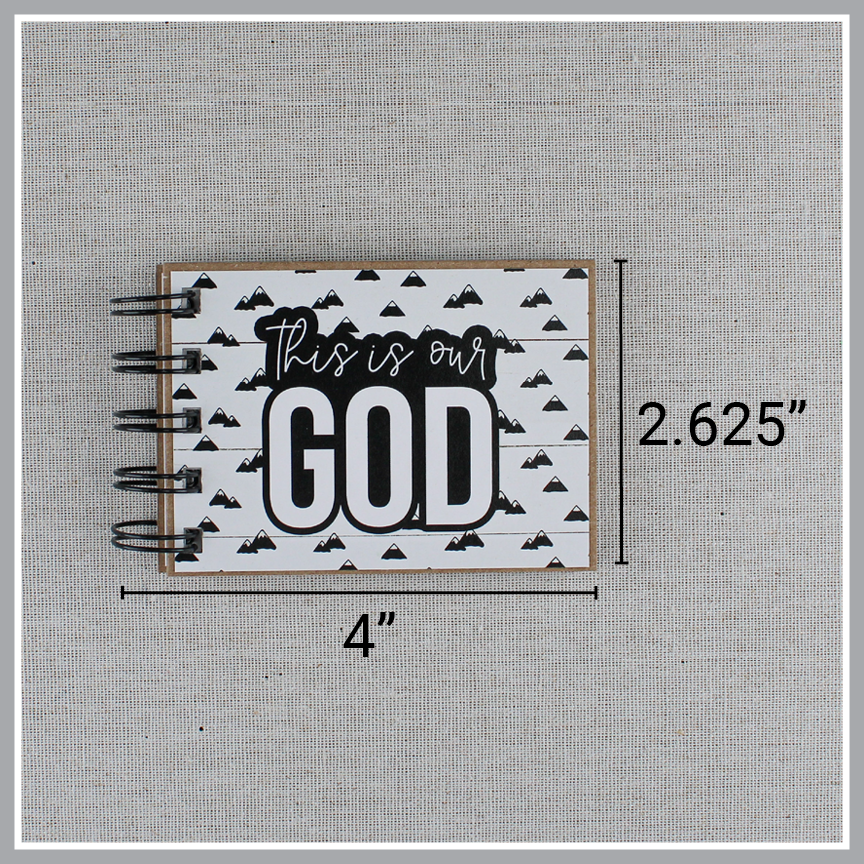 Attributes of God book with text overlay to show dimensions - 4" wide including wire binding and 2.625" tall.