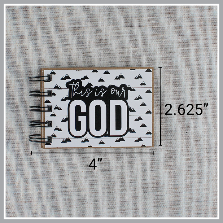 Attributes of God book with text overlay to show dimensions - 4" wide including wire binding and 2.625" tall.