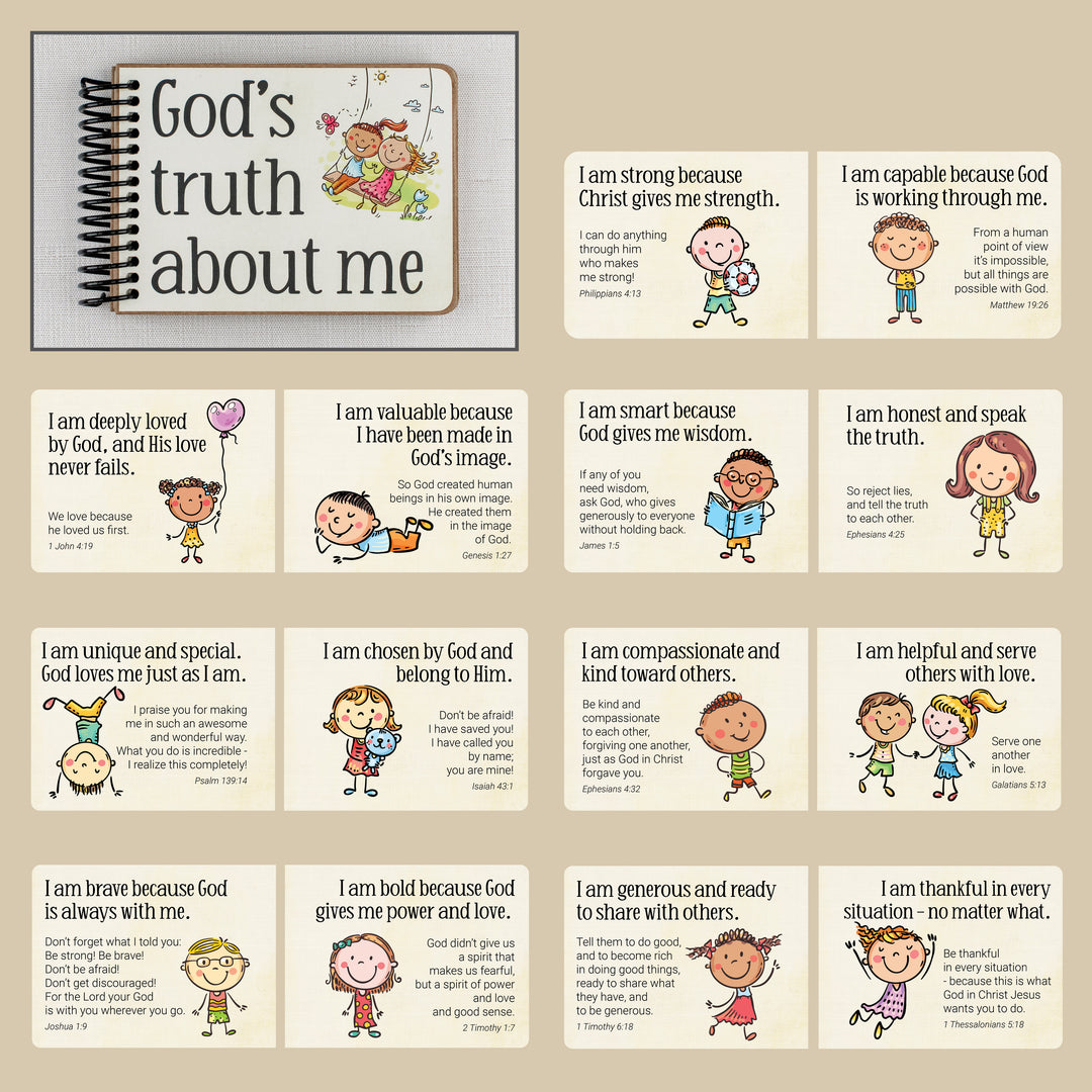 Overview of God's Truth About Me, a Christian book for kids featuring Bible affirmations about love, courage, kindness, gratitude, and identity in Christ.