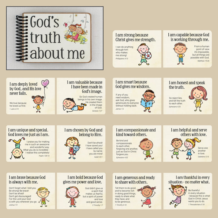 Overview of God's Truth About Me, a Christian book for kids featuring Bible affirmations about love, courage, kindness, gratitude, and identity in Christ.