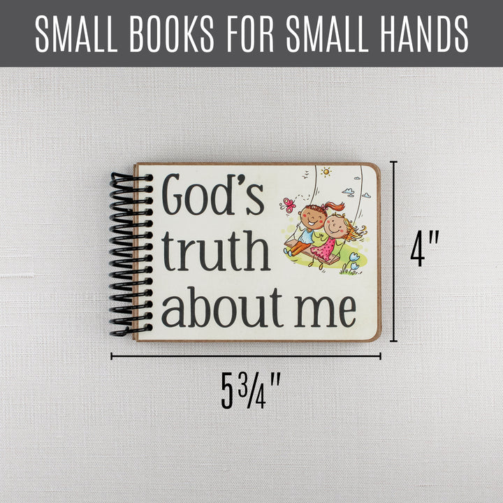 Small Christian book for kids measuring 5.75 inches wide by 4 inches tall and designed for little hands.