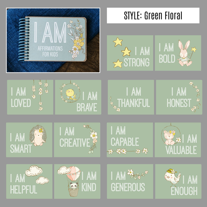 Green Floral I AM affirmation book showing 14 positive affirmations for kids with matching animal and floral illustrations.