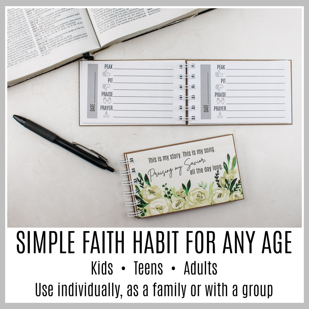 Botanical guided Christian journal with Peak, Pit, Praise and Prayer pages for kids, teens and adults.
