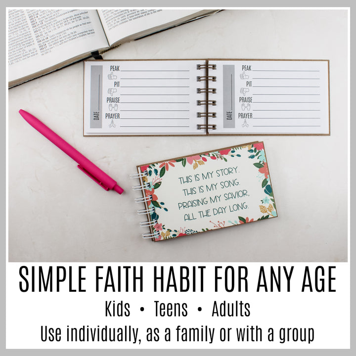 Flower frame guided Christian journal with Peak, Pit, Praise and Prayer pages for kids, teens and adults.