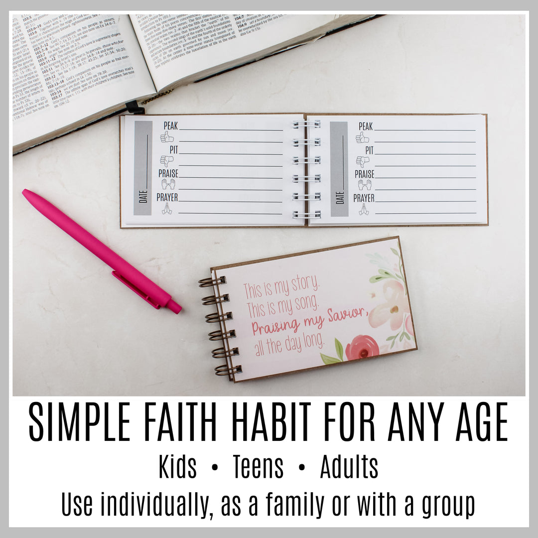 Pink floral guided Christian journal with Peak, Pit, Praise and Prayer pages for kids, teens and adults.