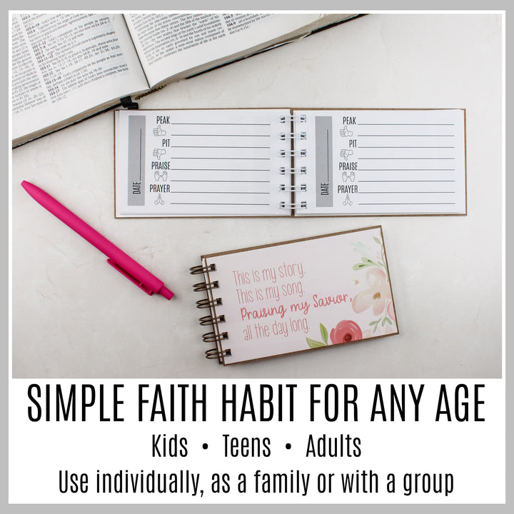 Pink floral guided Christian journal with Peak, Pit, Praise and Prayer pages for kids, teens and adults.