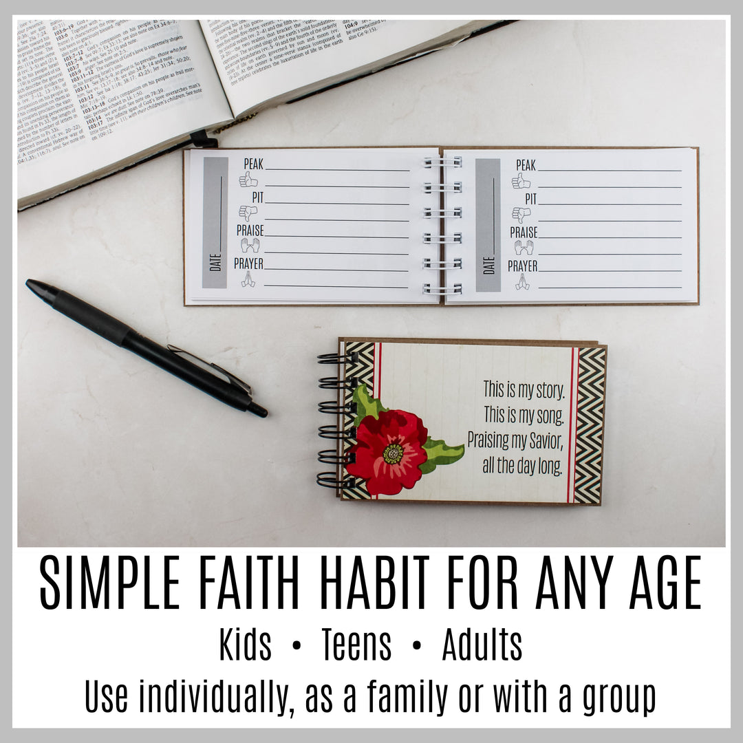 Red flower guided Christian journal with Peak, Pit, Praise and Prayer pages for kids, teens and adults.
