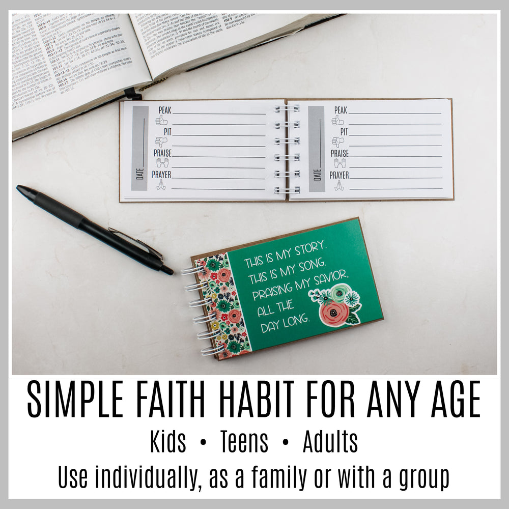 Teal guided Christian journal with Peak, Pit, Praise and Prayer pages for kids, teens and adults.