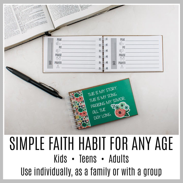 Teal guided Christian journal with Peak, Pit, Praise and Prayer pages for kids, teens and adults.