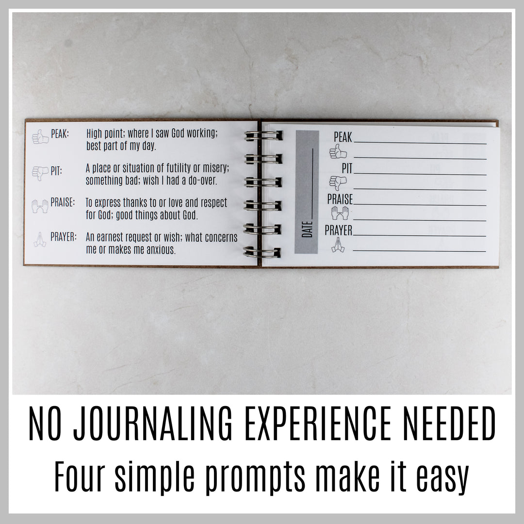 Guided Christian prayer journal with a prompt guide and simple Peak, Pit, Praise and Prayer daily entries.