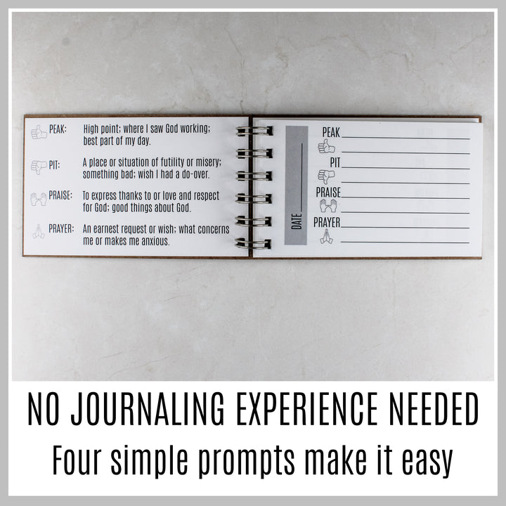 Guided Christian prayer journal with a prompt guide and simple Peak, Pit, Praise and Prayer daily entries.