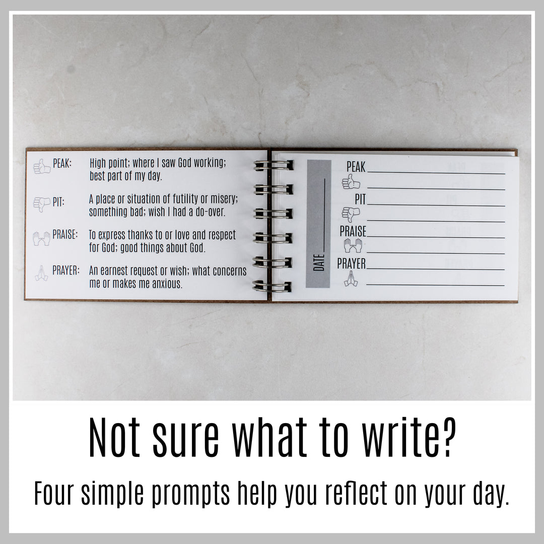 Open guided prayer journal with four simple prompts to help with daily Christian reflection and prayer.