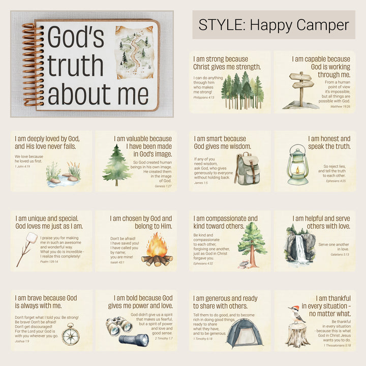 Happy Camper Christian affirmation book for kids with sample Scripture affirmation pages.