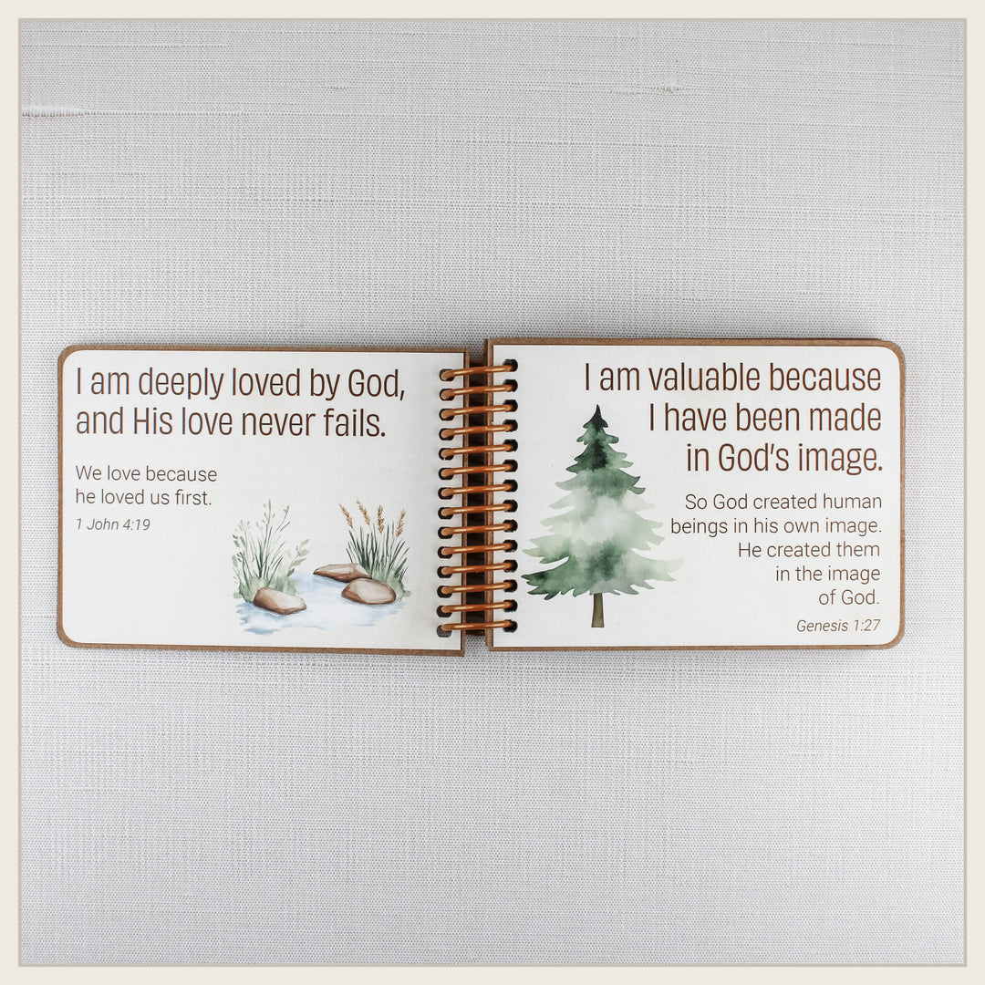 Inside pages with I am deeply loved and I am valuable Bible affirmations for children from Happy Camper style.