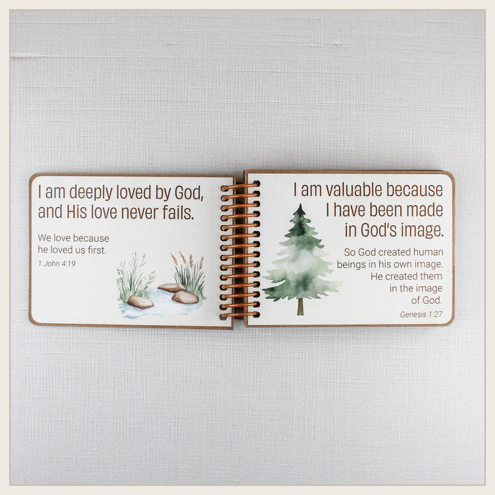 Inside pages with I am deeply loved and I am valuable Bible affirmations for children from Happy Camper style.