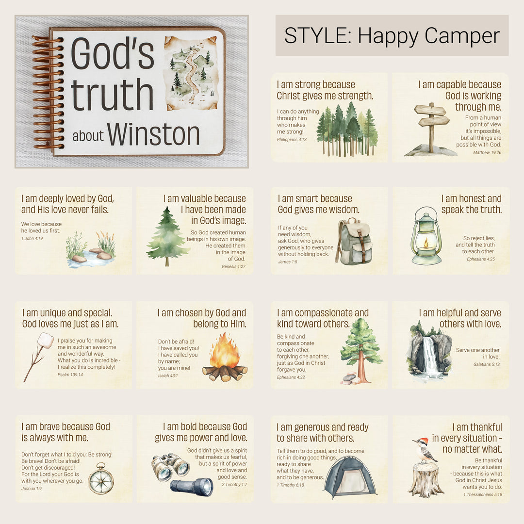 Personalized Happy Camper Christian affirmation book with sample Bible affirmation pages.