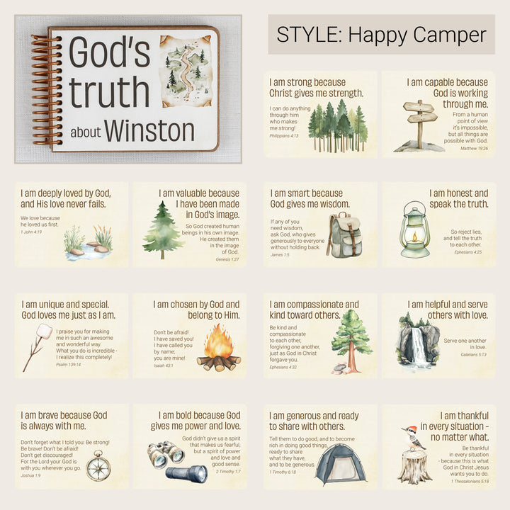Personalized Happy Camper Christian affirmation book with sample Bible affirmation pages.