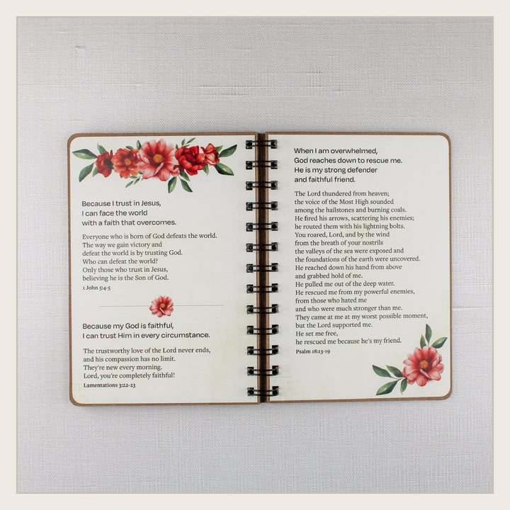 Open Christian affirmation book with Bible-based truths about trusting Jesus and God’s rescue and faithfulness.