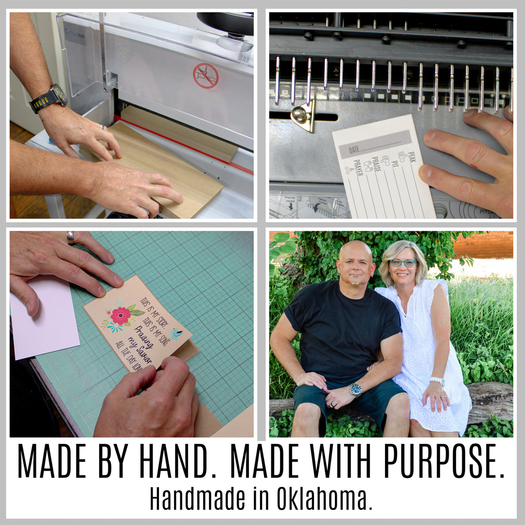 Handmade 4P Christian journals being printed, cut and wire bound by inAWE Handmade in Oklahoma.