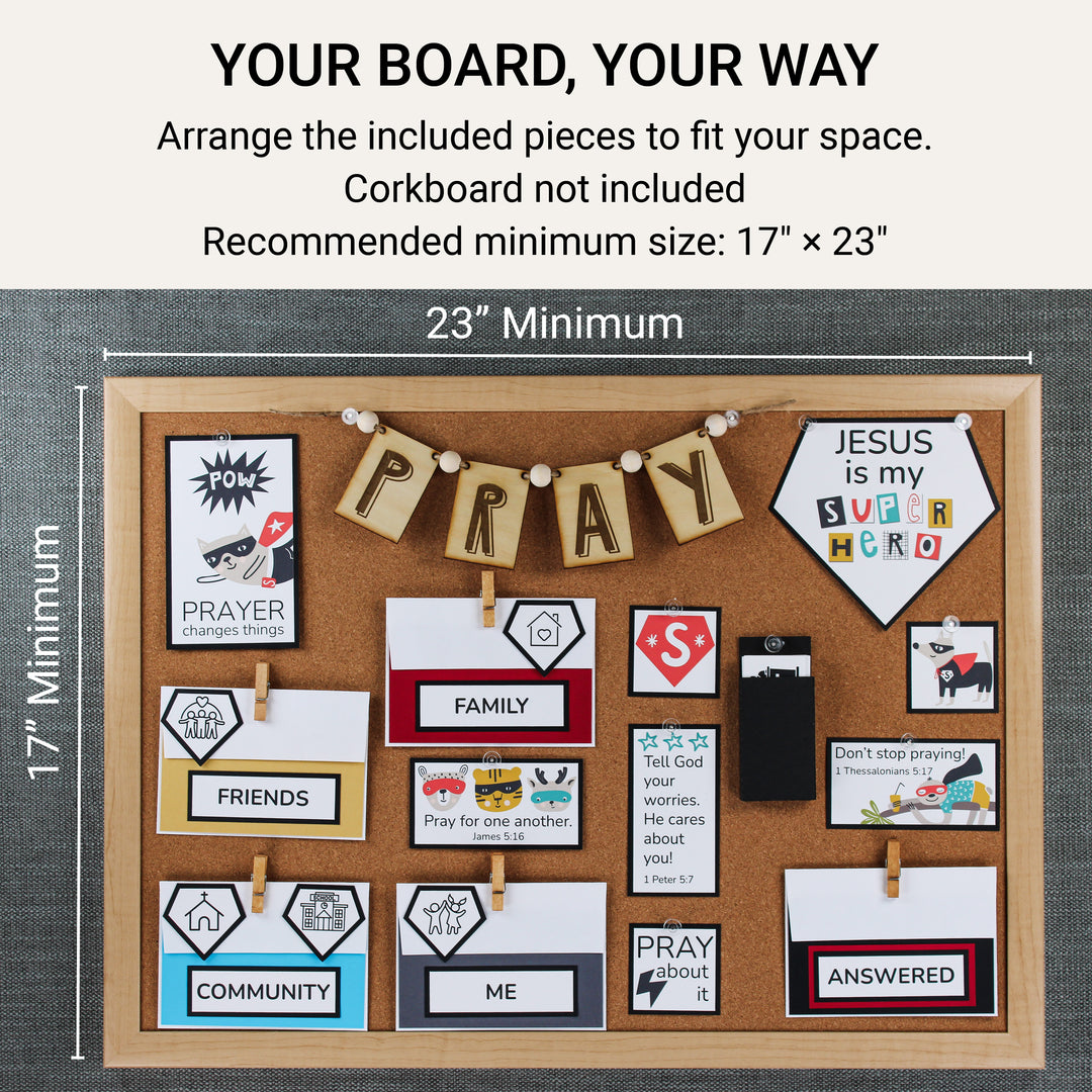 Assembled superhero prayer board with a recommended minimum corkboard size of 17 by 23 inches; corkboard not included.