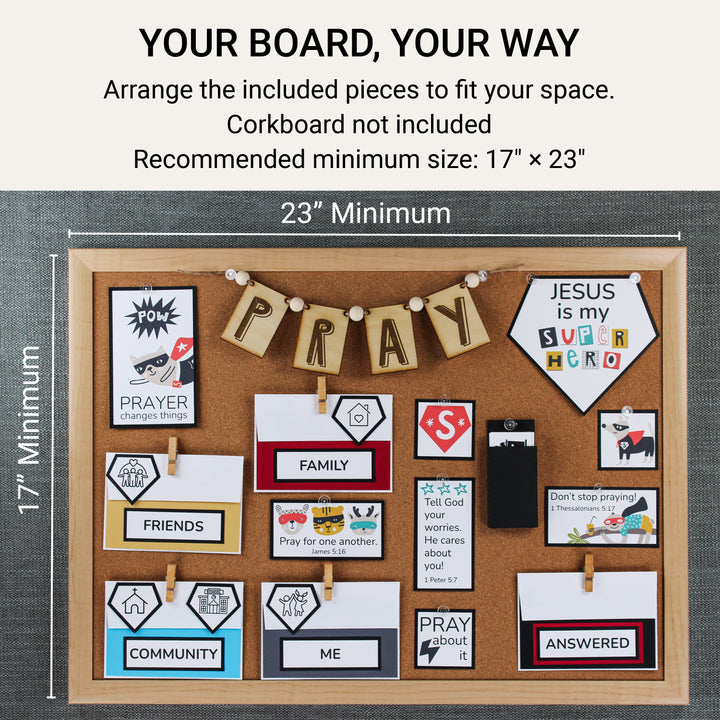 Assembled superhero prayer board with a recommended minimum corkboard size of 17 by 23 inches; corkboard not included.