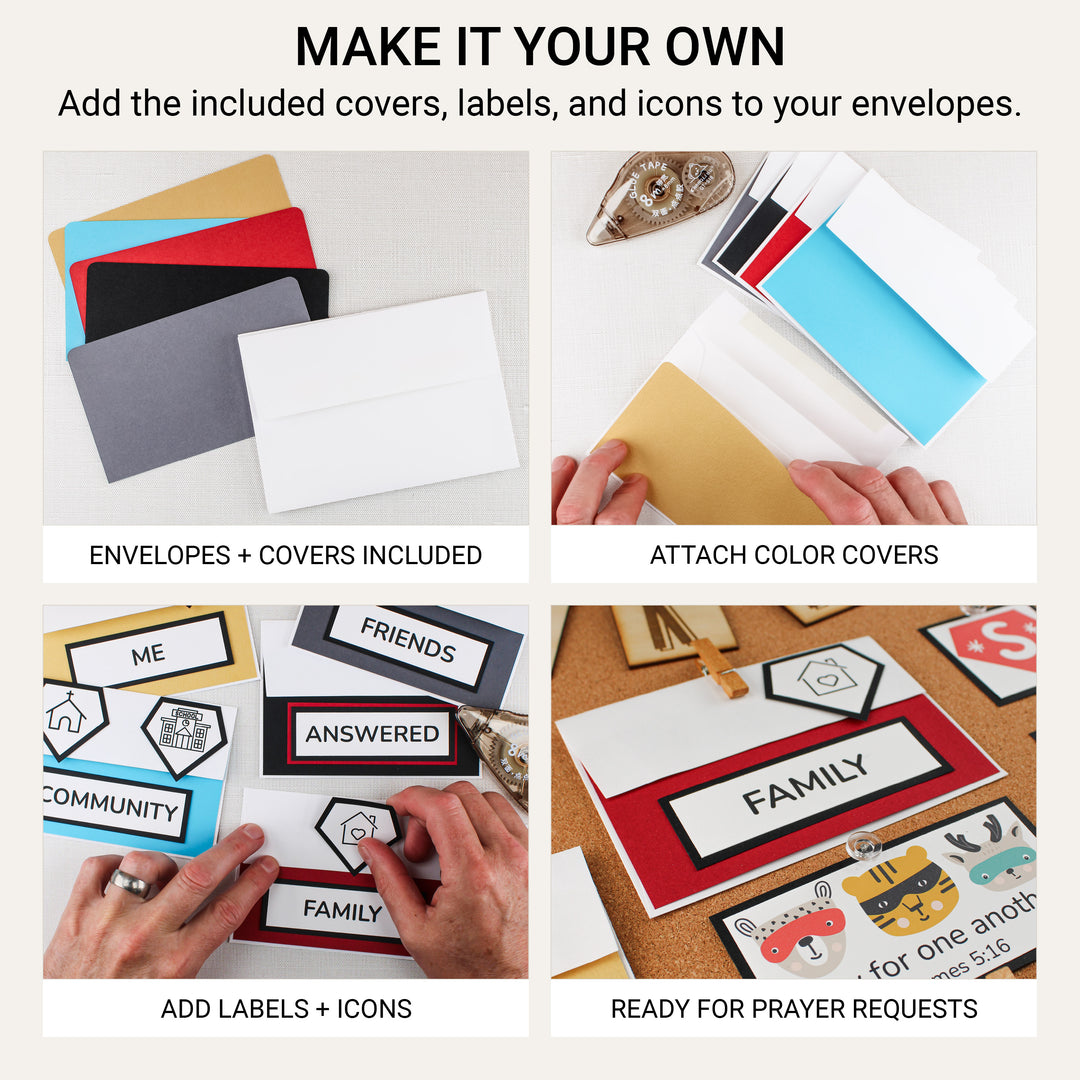 White envelopes and colored covers, with steps for attaching covers, category labels, and picture icons to create prayer envelopes.