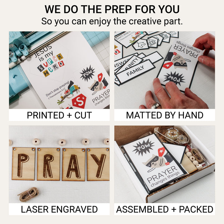 Prayer board pieces being printed, cut, and matted by hand, with a laser-engraved wooden PRAY banner and packaged kit.