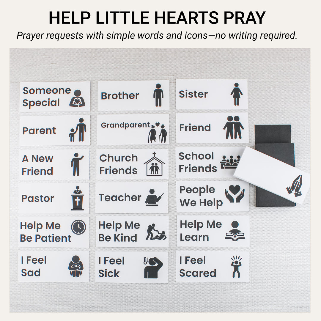 Prayer request cards with words and picture icons for family, friends, teachers, feelings, and personal needs, plus blank prayer cards.