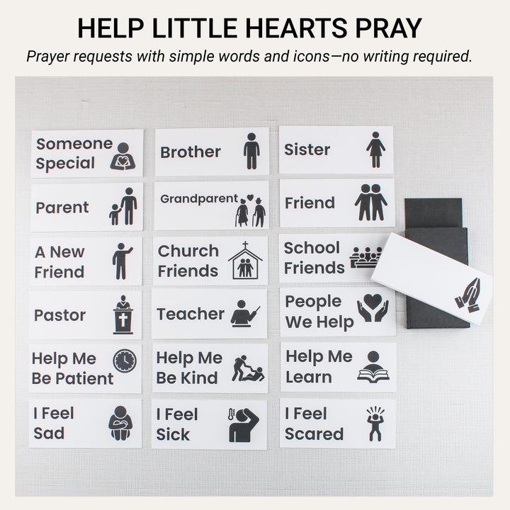 Prayer request cards with words and picture icons for family, friends, teachers, feelings, and personal needs, plus blank prayer cards.