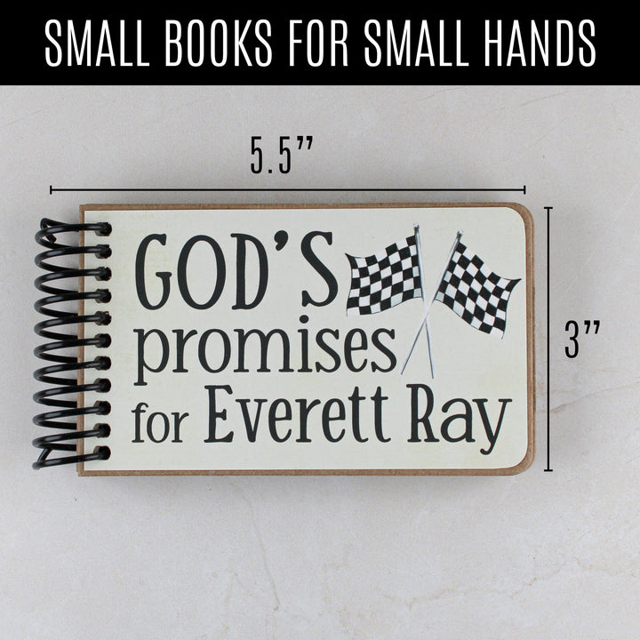 Kids race cars style of God's promise book with dimensions show 5.5" wide and 3" tall.