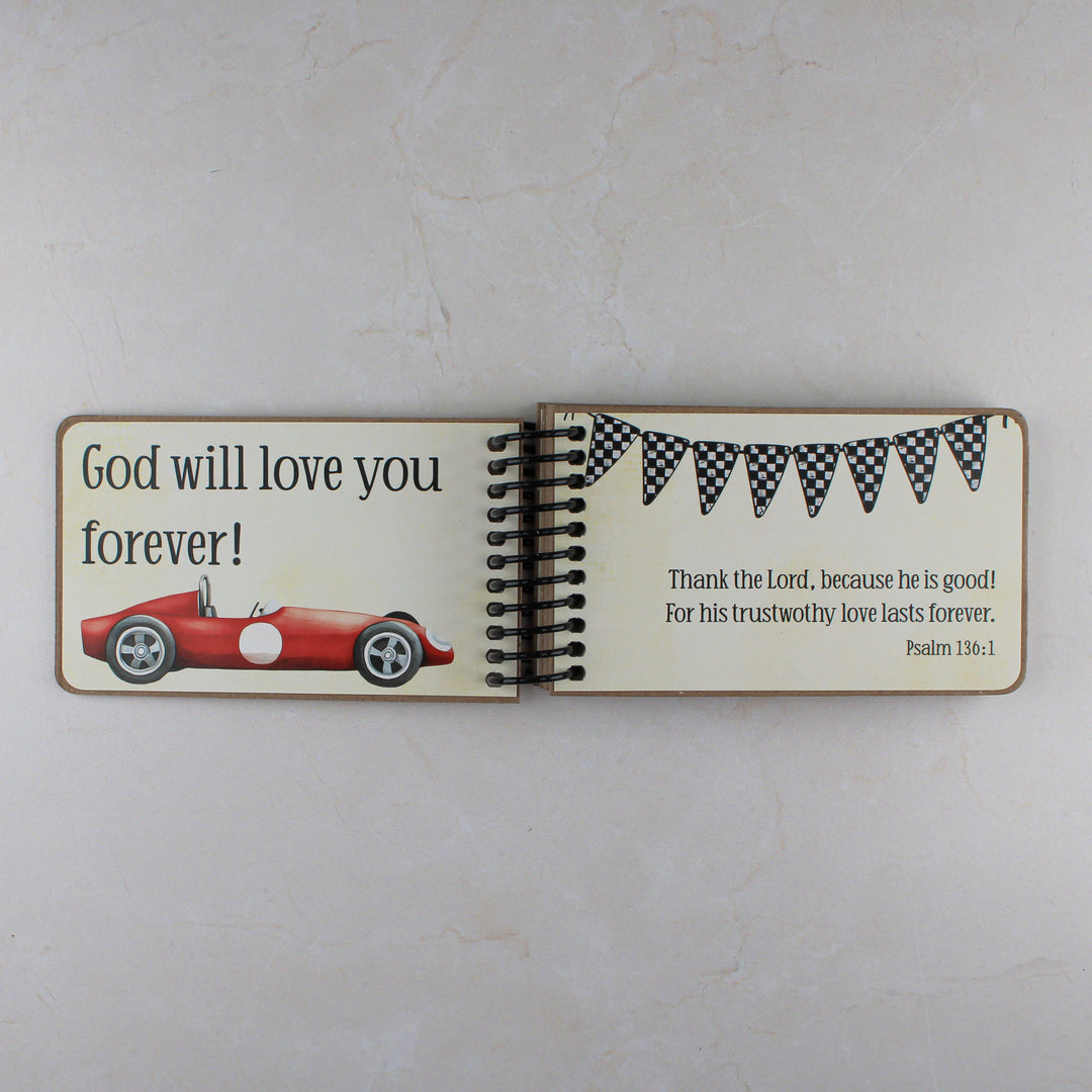 Page spread of kids race cars theme showing God's promises and Bible verses.